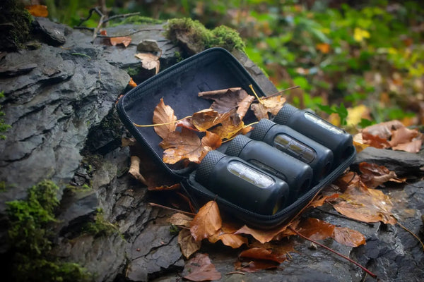 Some spirits travel flasks in a case sitting on some rock with leaves