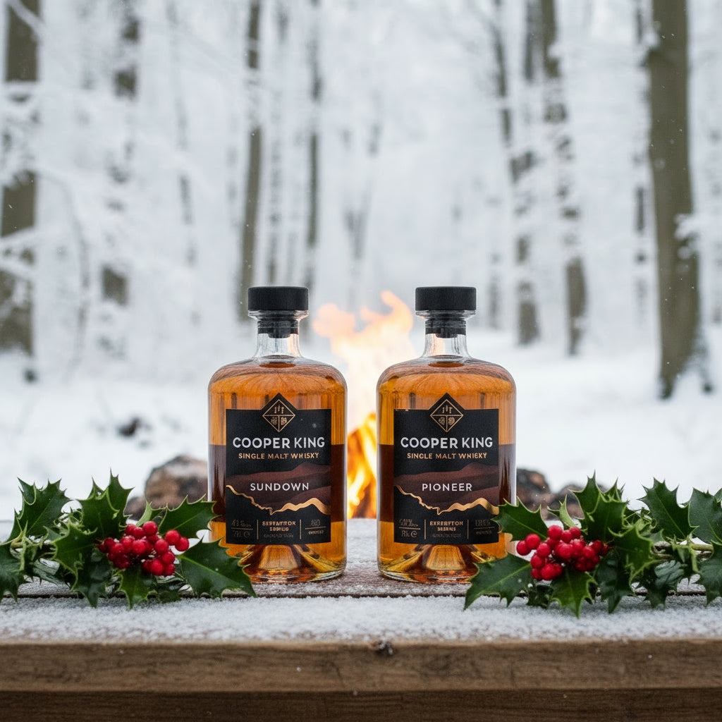 A bottle of Cooper King Pioneer Single Malt and a bottle of Cooper King Sundown Single Malt on a table in a wood