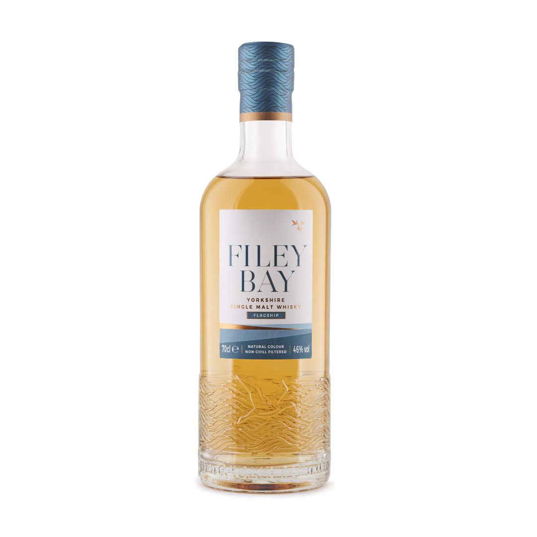 Filey Bay Flagship Single Malt English whisky bottle on a white background