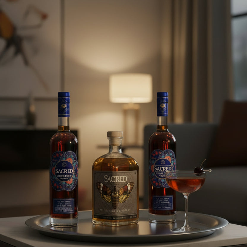 Two bottles of Sacred English Spiced Vermouth with a bottle of Sacred English Whisky in a living room