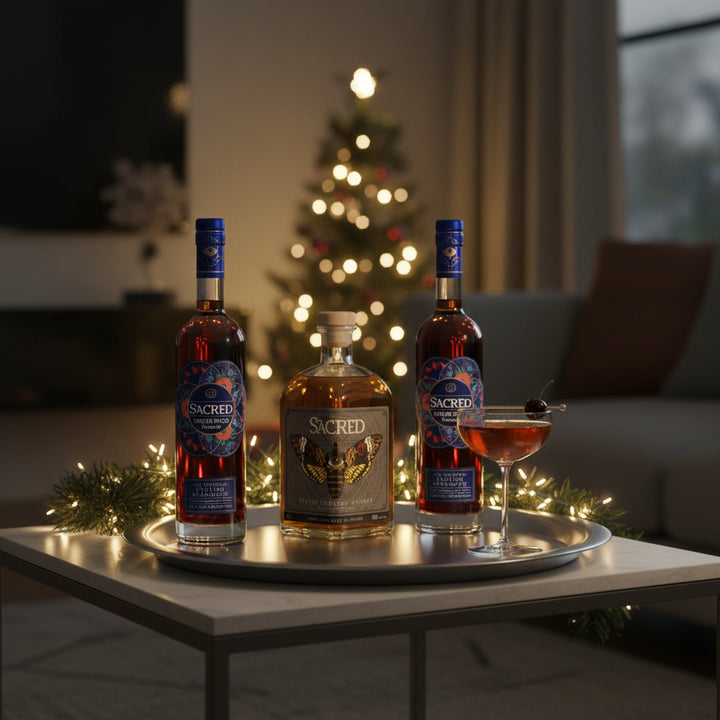 Two bottles of Sacred English Spiced Vermouth with a bottle of Sacred English Whisky in a festive living room