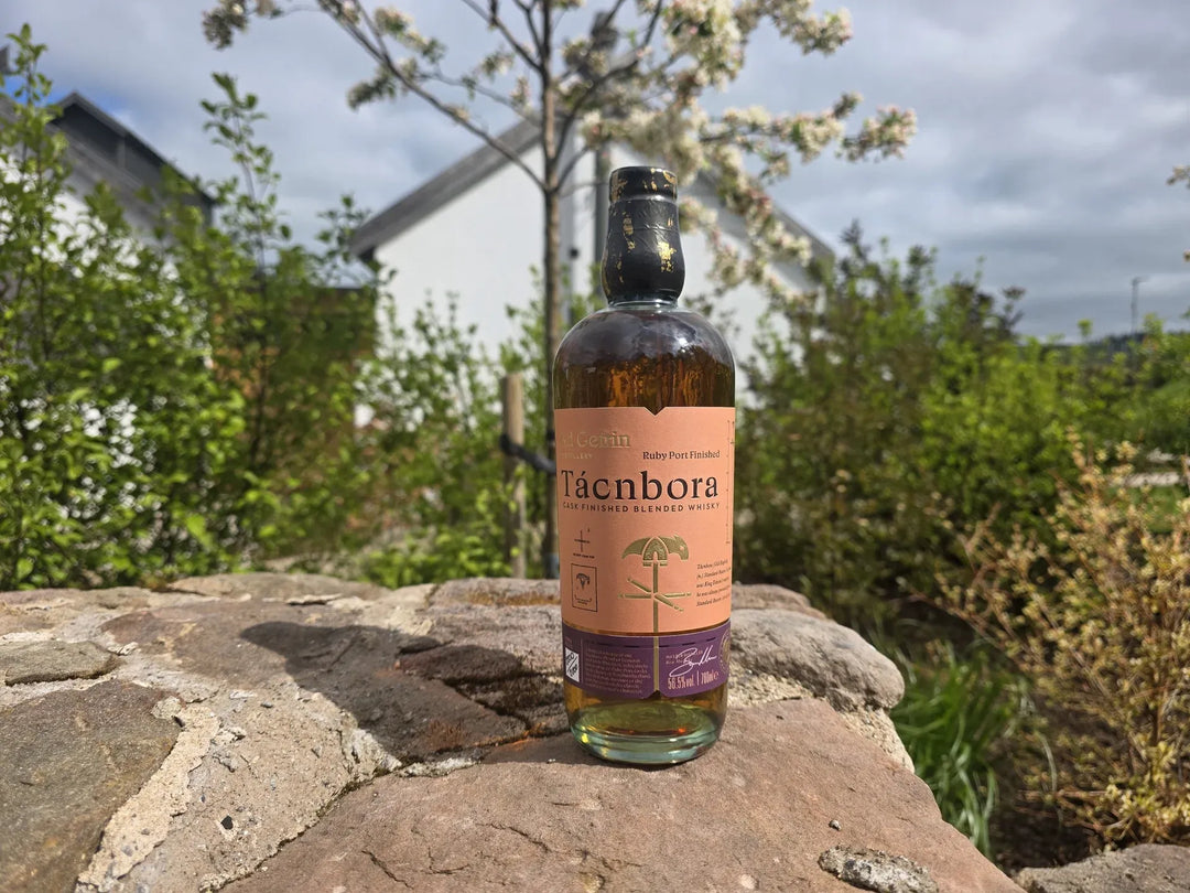 Bottle of Tácnbora whiskey on a stone ledge with a scenic background