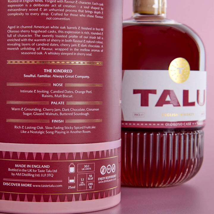 Close-up of a Talu Oloroso Cask English Whiskey and box, showing the back of the packaging with flavour notes and the front label with the brand name TALU.