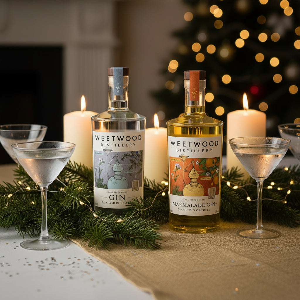Two bottles of Weetwood Distillery gin on a festive table
