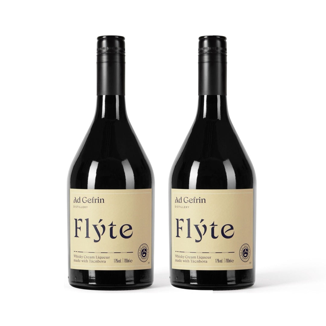 Two bottles of Ad Gefrin Flyte Cream Liqueur with labels on a white background