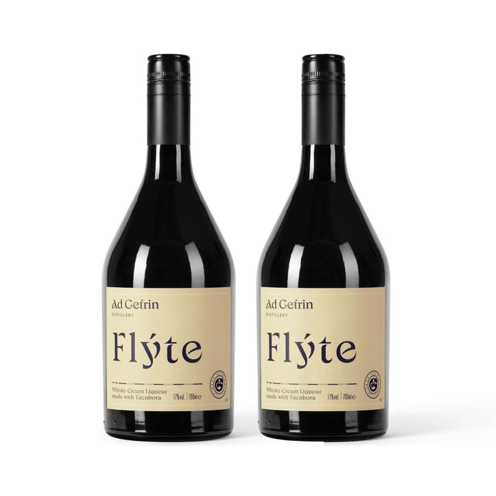 Two bottles of Ad Gefrin Flyte Cream Liqueur with labels on a white background