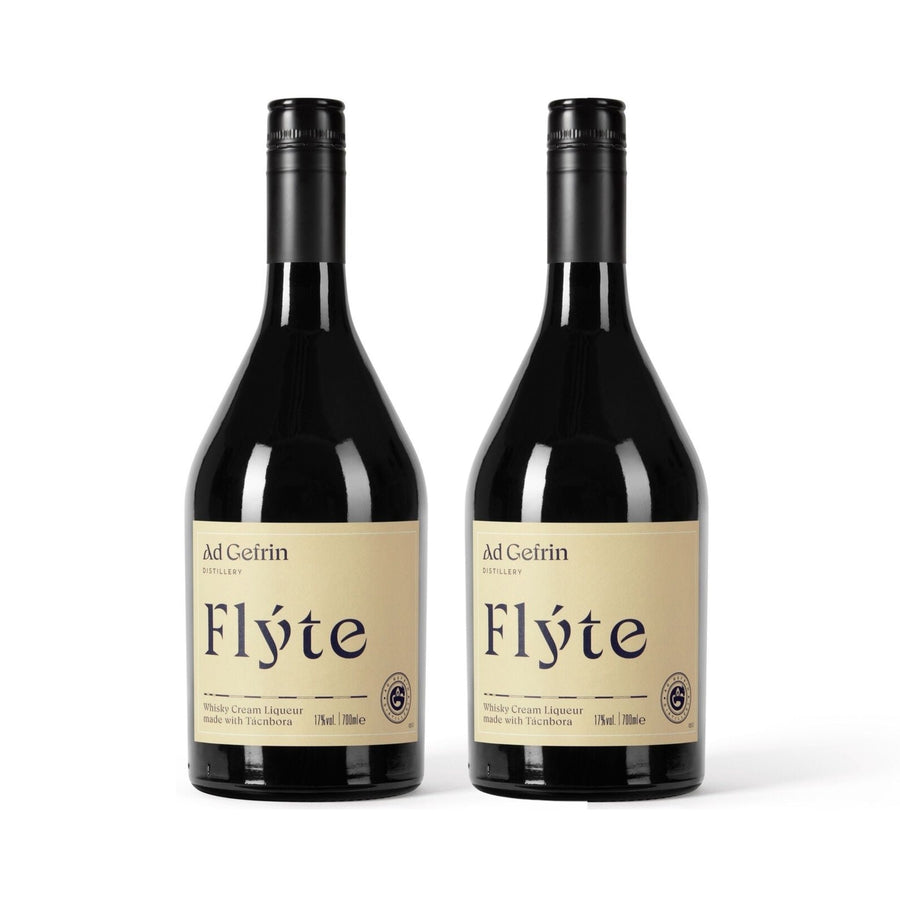 Two bottles of Ad Gefrin Flyte Cream Liqueur with labels on a white background