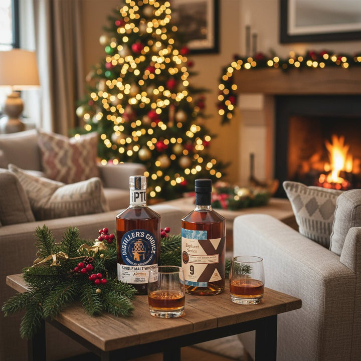 Two different bottles of Adnams single malt whisky in a festive living room