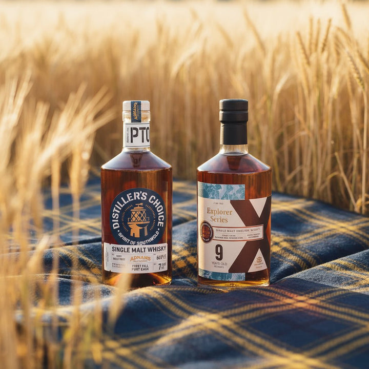 Two bottles of Adnams single malt whisky on a picnic rug in a field of barley