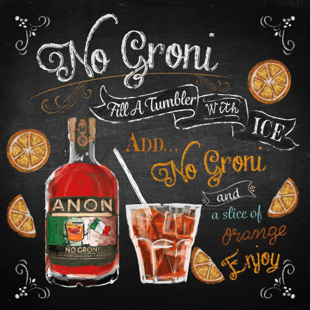 Illustration of a bottle of Anon No Groni with a glass of cocktail on a chalkboard background.