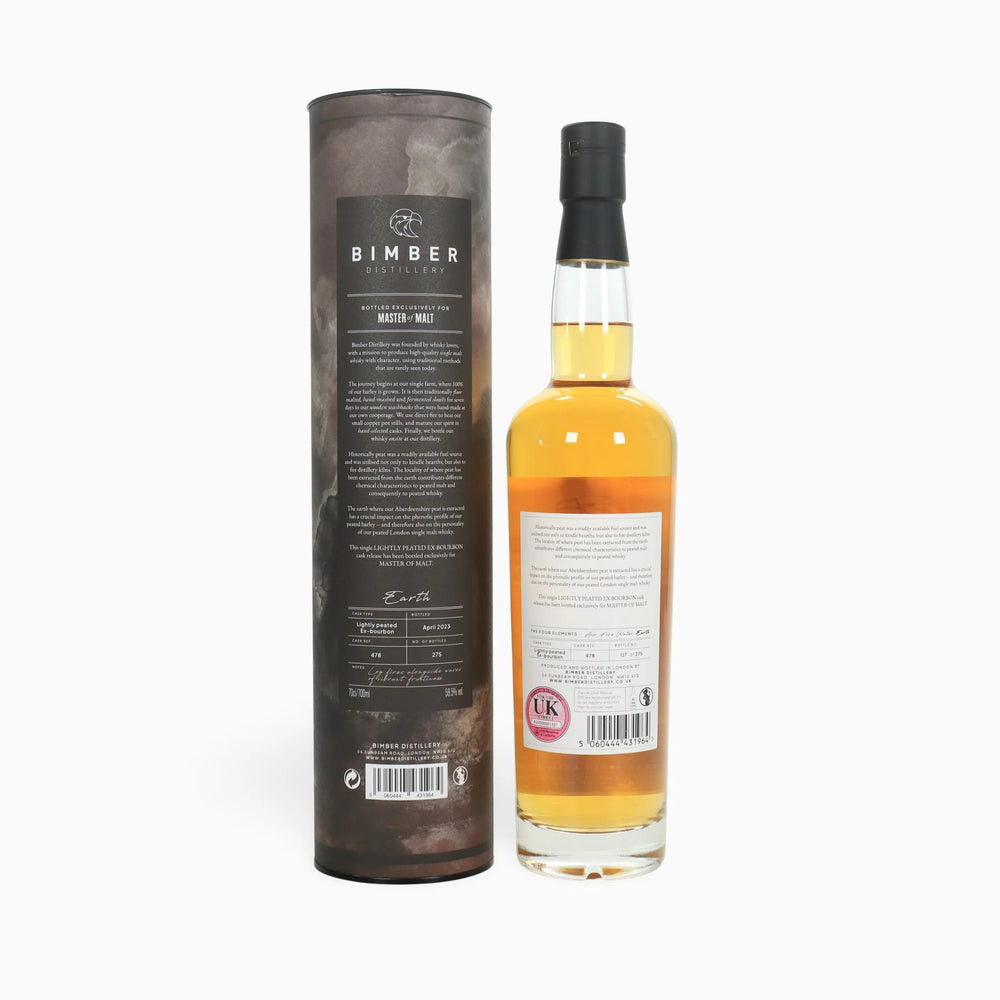 Bimber Four Elements Earth whisky bottle with cylindrical packaging on a white background