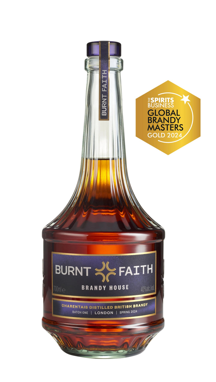 Burnt Faith Brandy bottle with a gold award badge on a white background