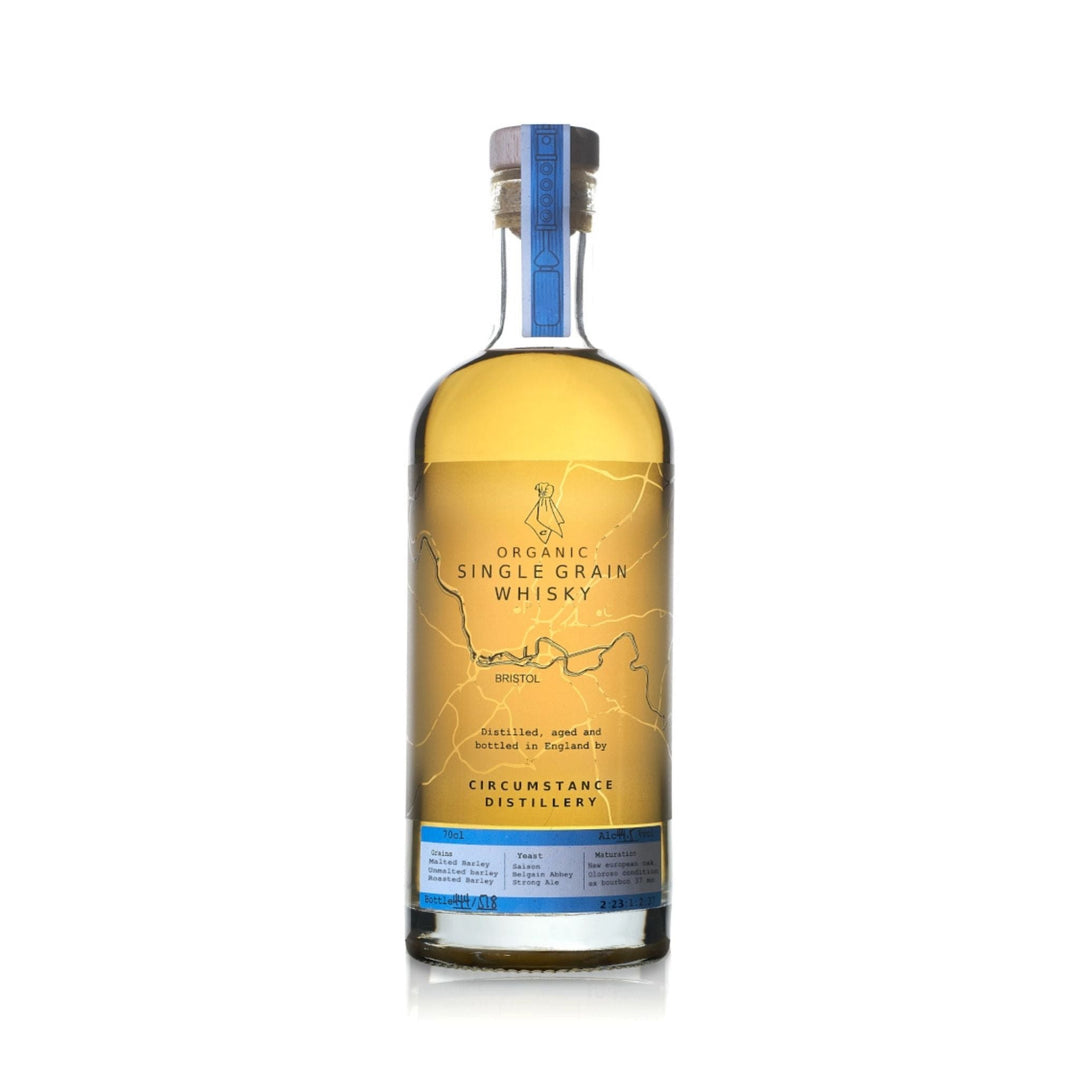 Bottle of Circumstance Distillery Organic Single Grain Barley Whisky on a white background