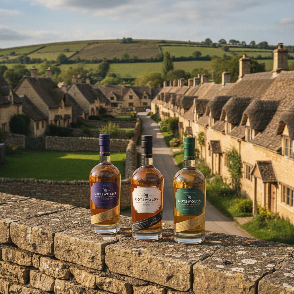 Three bottles of Gold Award Winning Cotswolds whiskey on stone wall