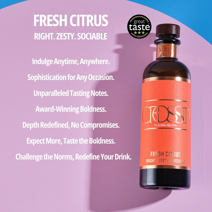 Bottle of Crossip Fresh Citrus alcohol-free spirit with text on a purple background