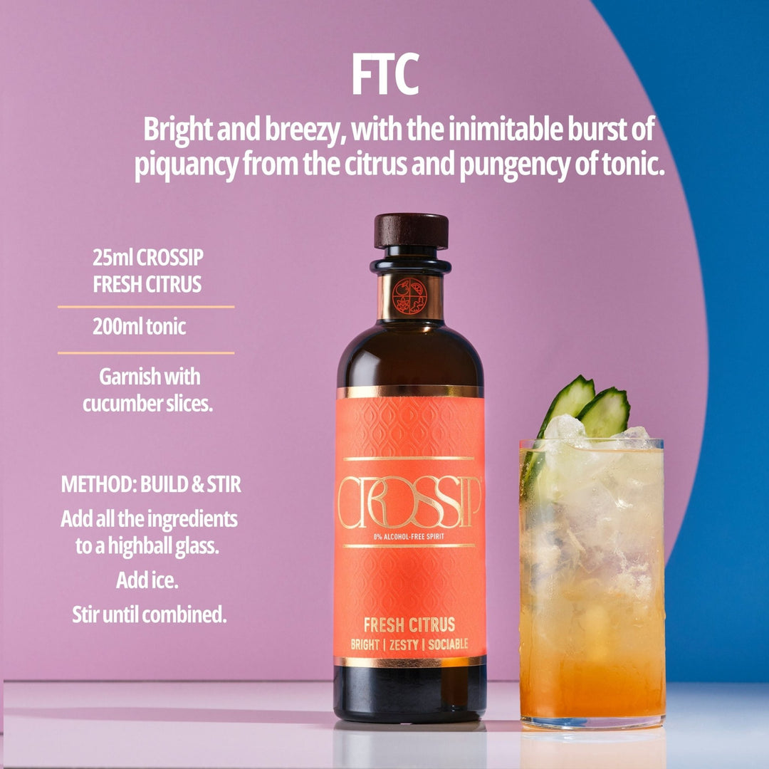 Bottle of Crossip Fresh Citrus with a cocktail and text on a purple and blue background