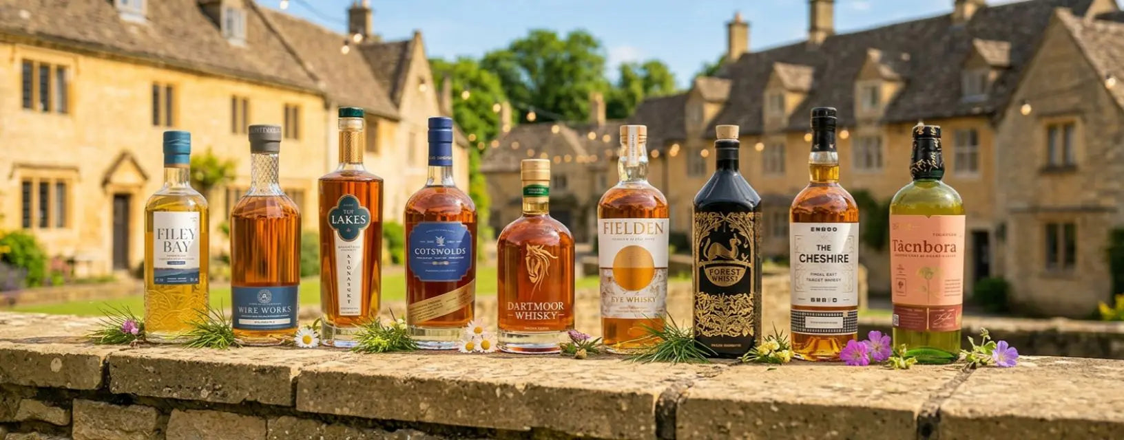 Row of whisky bottles on a stone ledge with traditional British houses in the background