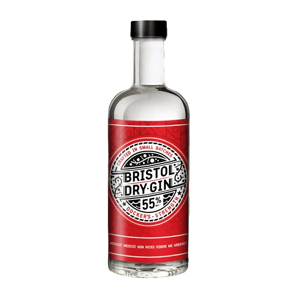 Bottle of Bristol Docker's Strength Dry Gin with a red label on a white background