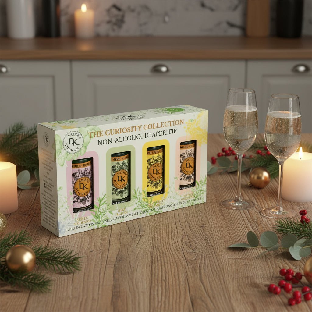 Box of Drinks Kitchen Curiosity Collection non-alcoholic aperitifs on modern wooden kitchen counter