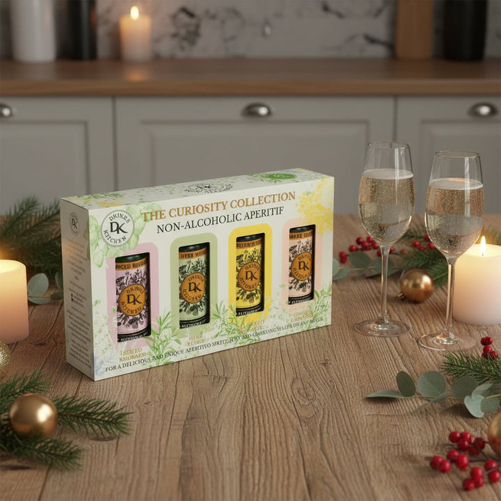 Box of Drinks Kitchen Curiosity Collection non-alcoholic aperitifs on modern wooden kitchen counter
