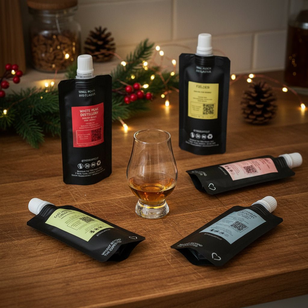 5 different The Heart Cut 3cl pouches on a festively decorated wooden countertop.