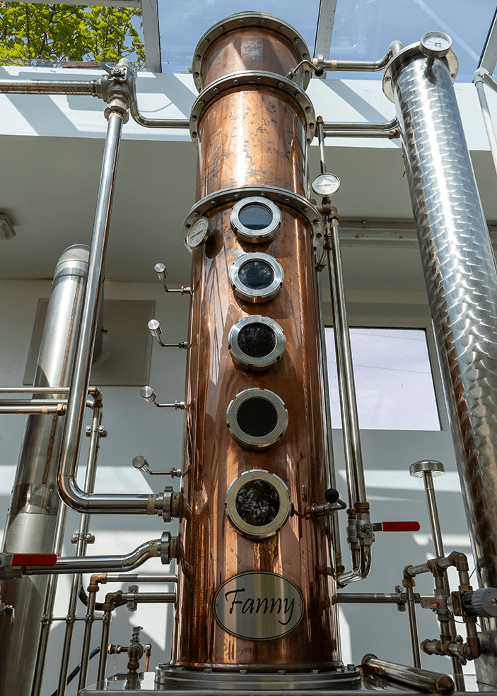 Copper still with 'Fanny' branding in a distillery setting
