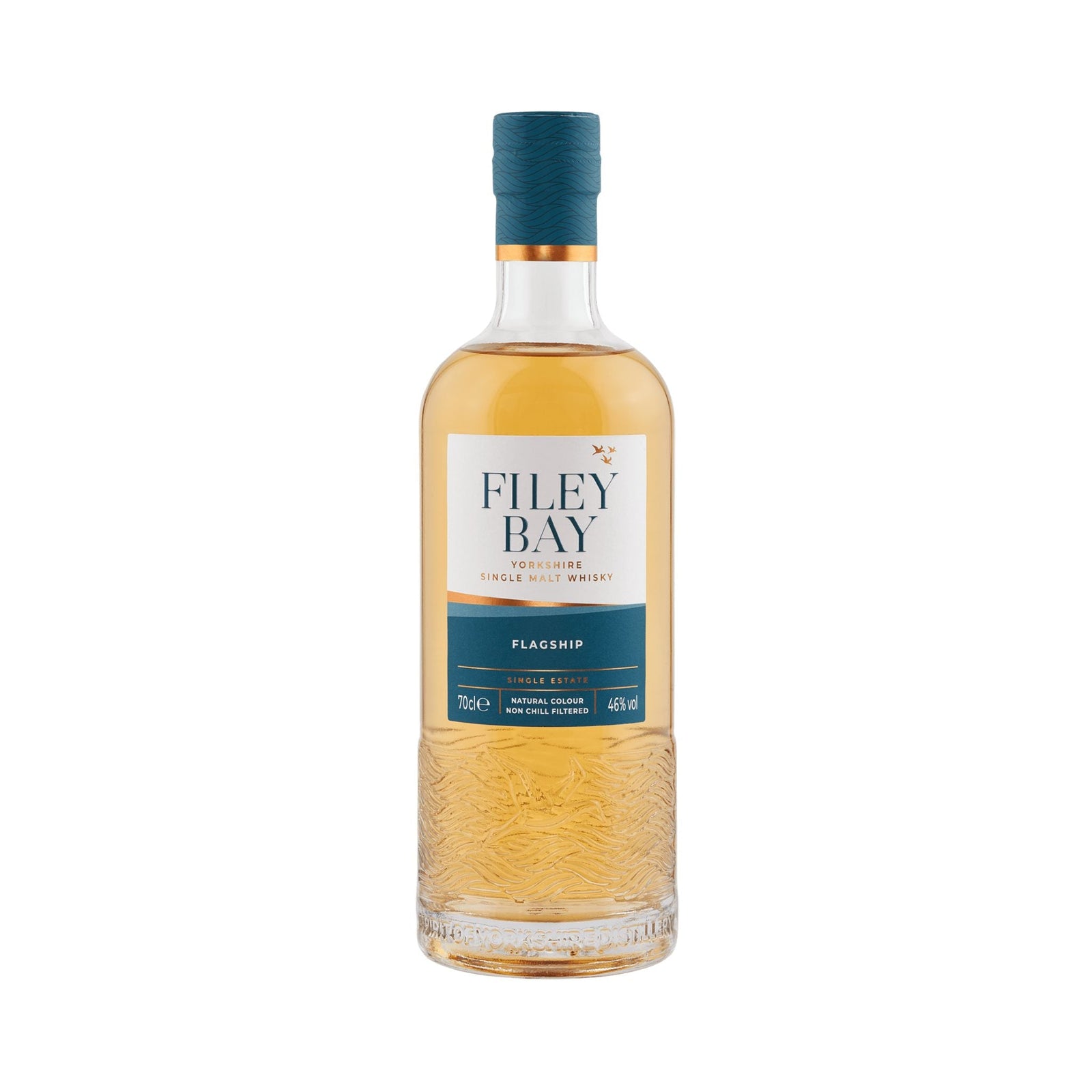Filey Bay Flagship whisky bottle on a white background