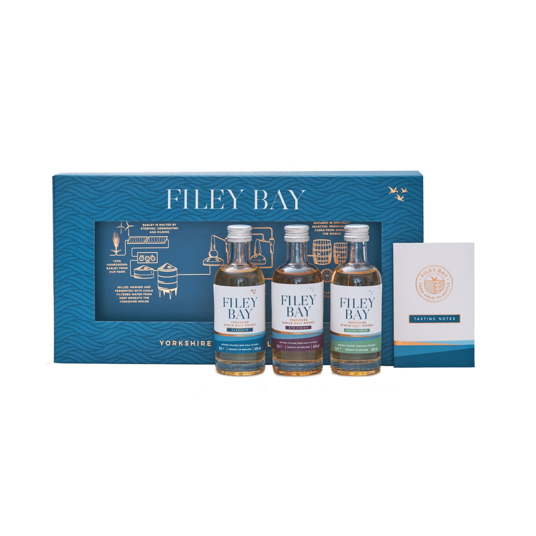 Filey Bay Yorkshire water tasting set with three bottles and packaging on a white background