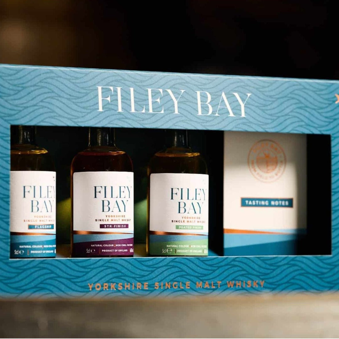 Filey Bay Yorkshire Single Malt Whisky gift set in a blue box.