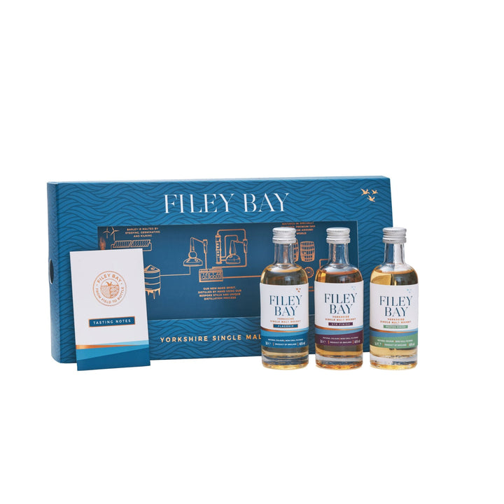 Filey Bay Yorkshire Single Malt whisky miniatures with packaging on a white background