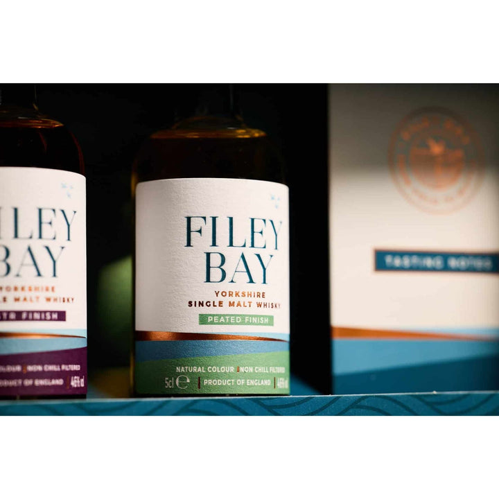 Closeups of 5cl bottles of Filey Bay Yorkshire Single Malt Whisky in a gift pack