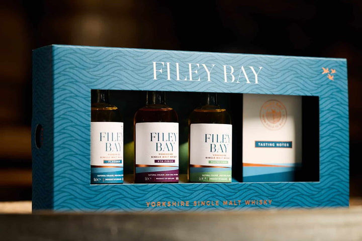 Filey Bay Yorkshire Single Malt Whisky gift set packaging with three 5cl bottles inside.