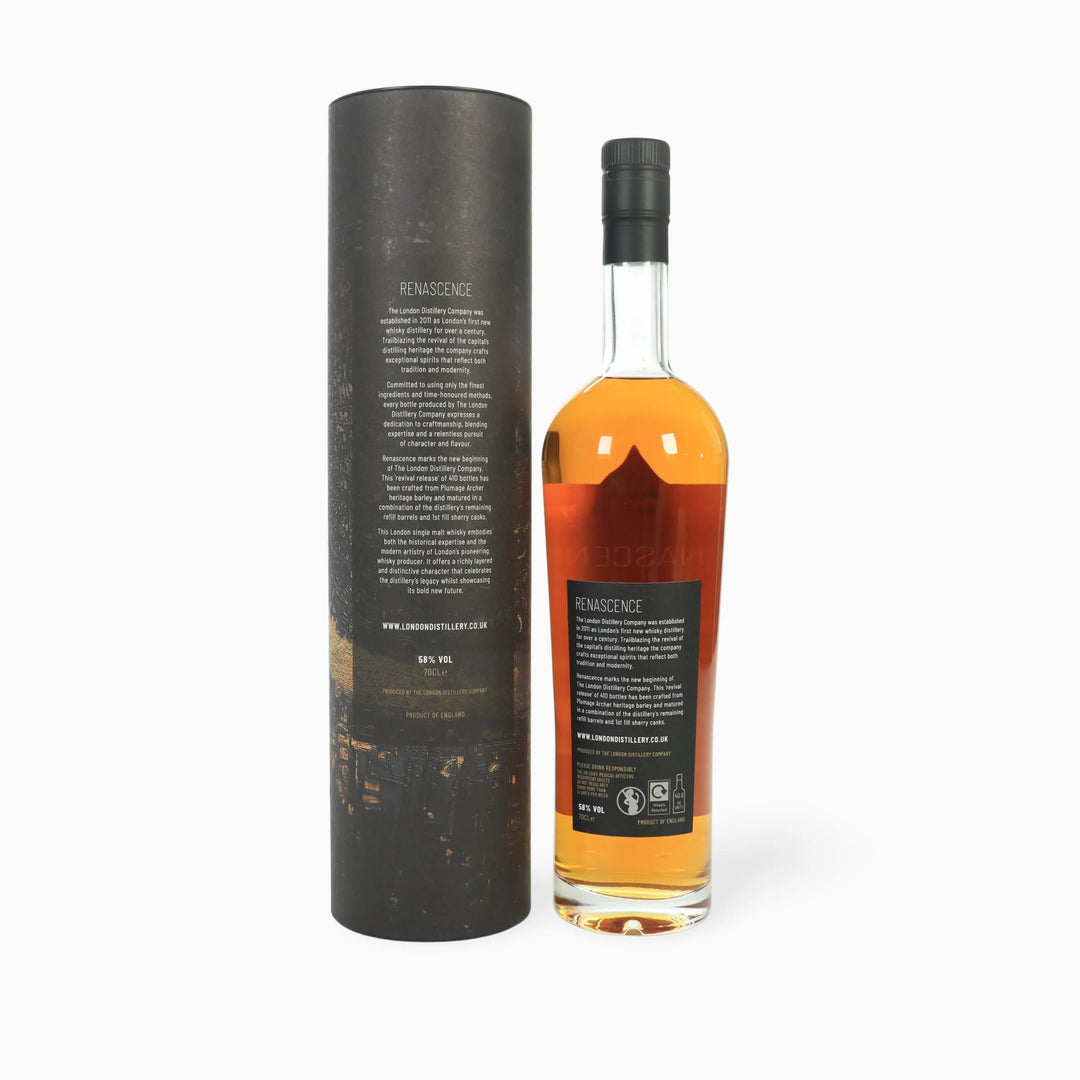 Rear view of Bottle of The London Distillery Company's 'Renascence' whisky with packaging tube on a white background