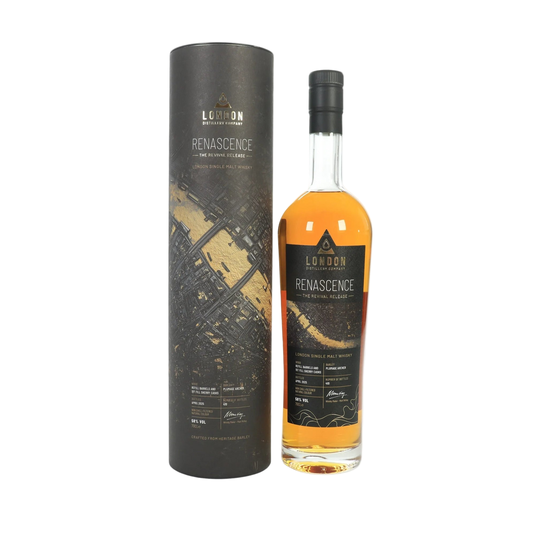 Bottle of The London Distillery Company's 'Renascence' whisky with packaging tube on a white background