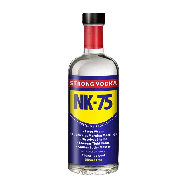 Bottle of NK-75 vodka with a humorous label on a white background