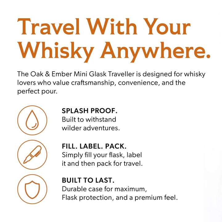 Oak &amp; Ember Mini Glask Traveller whisky flask features listed.