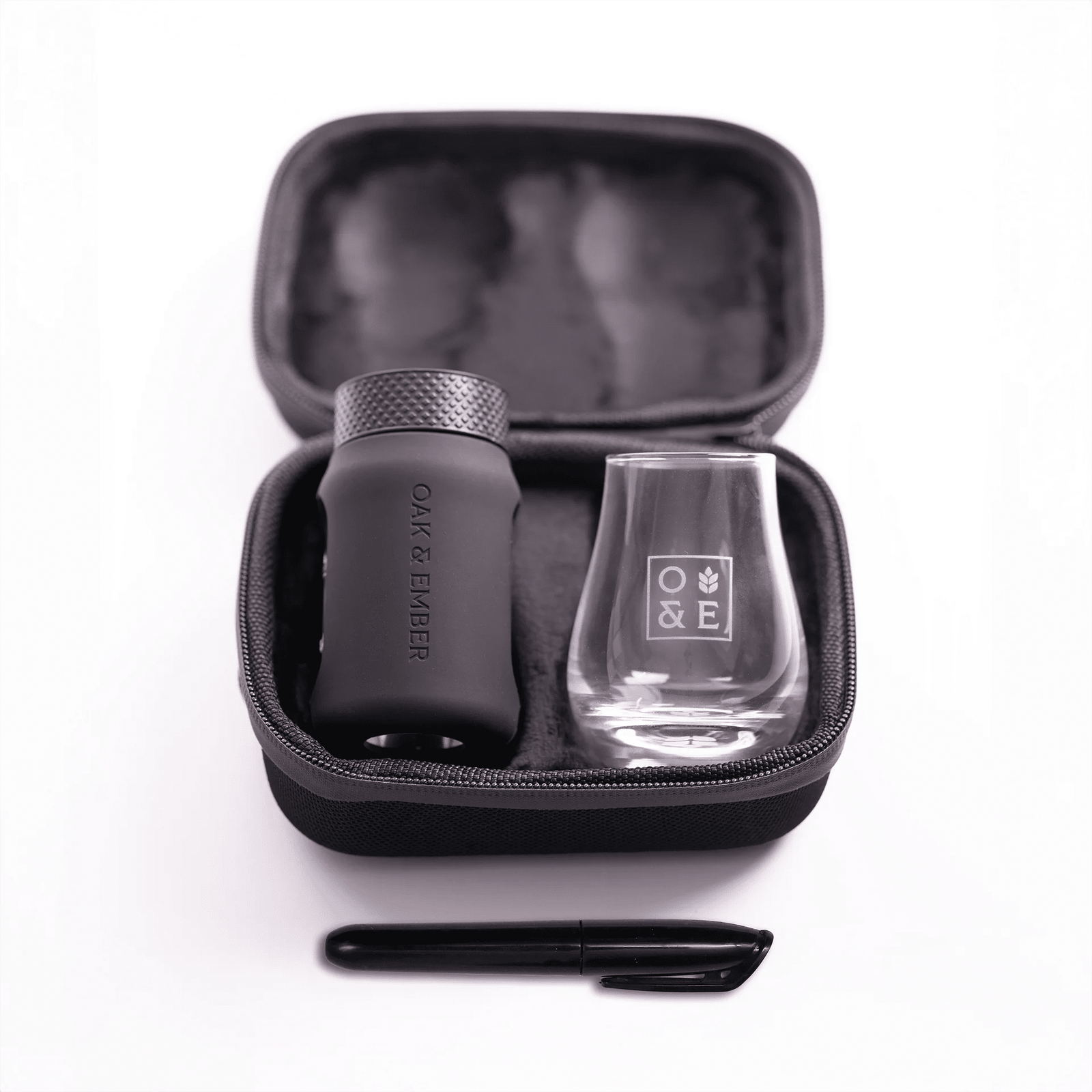 Oak & Ember Mini Glask Traveller product set with glass and pen in open case on white background