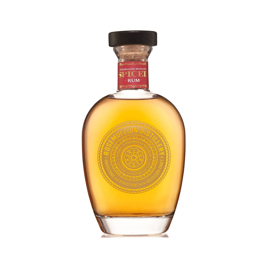Bottle of Rosemullion Spiced Rum with a decorative label on a white background