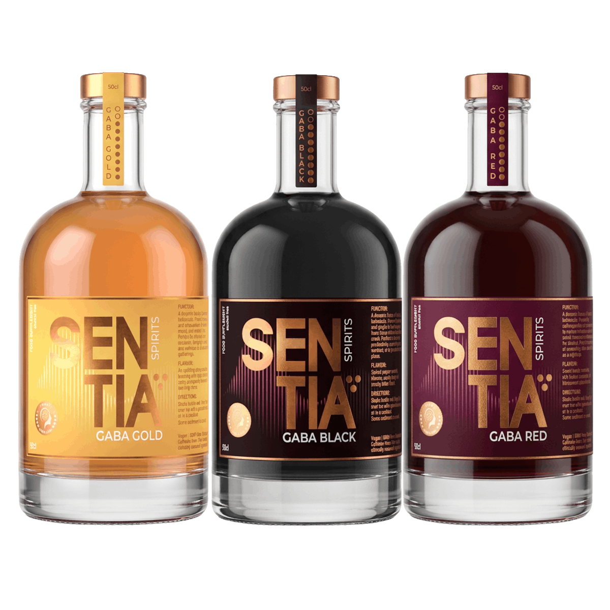 Three bottles of SENTIA Spirits gaba supplements lined up against a solid black background. From left to right, the bottles contain Gaba Gold (amber liquid), Gaba Black (dark liquid), and Gaba Red (deep red-brown liquid), each with a metallic copper cap and a matching gradient label.