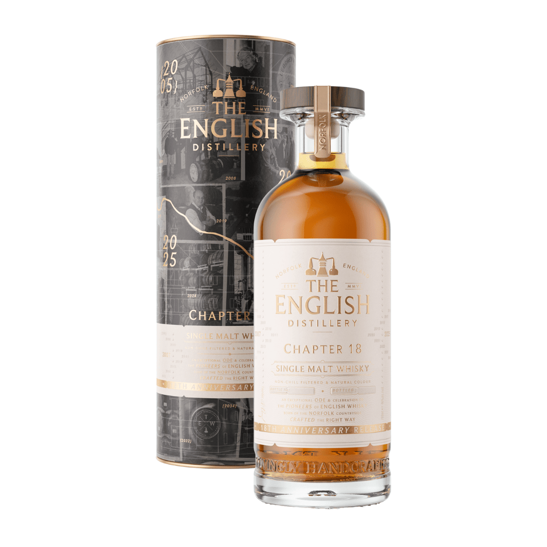 Bottle and packaging of The English Distillery Chapter 18 whisky on a white background