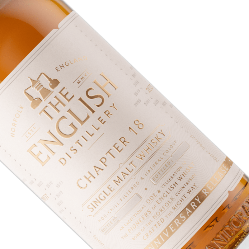 Bottle of The English Distillery Chapter 18 Single Malt Whisky with a white label.