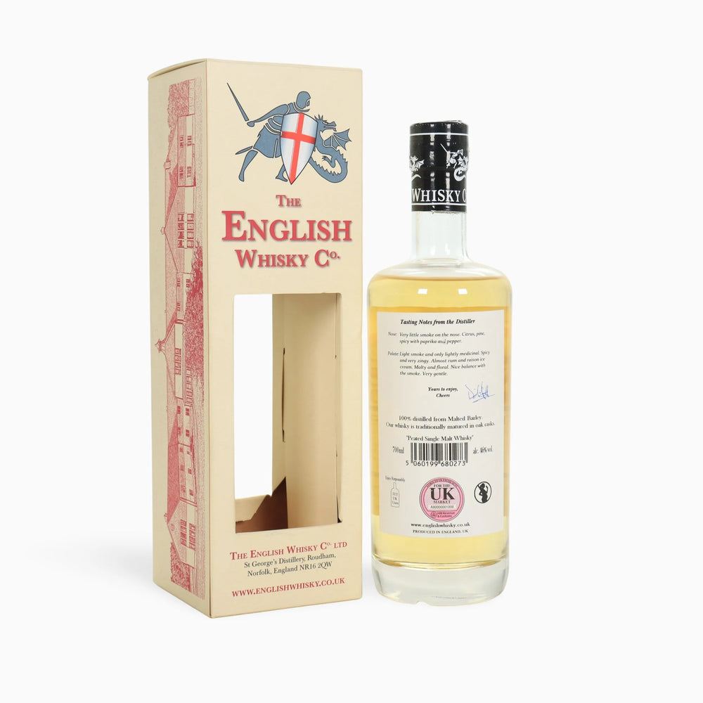 Bottle rear view and packaging of The English Whisky Co. on a white background
