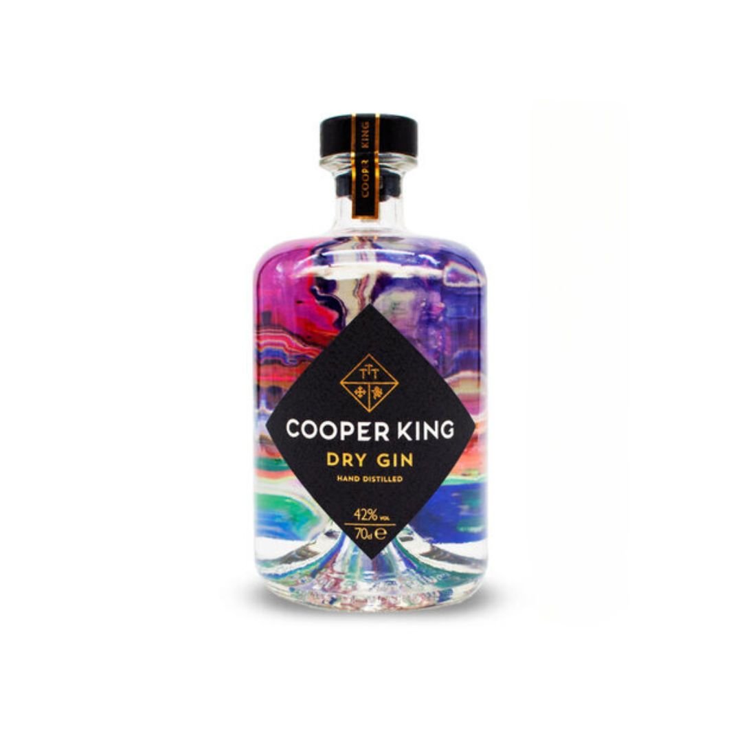 Cooper King Dry Gin bottle with colorful label on a white background