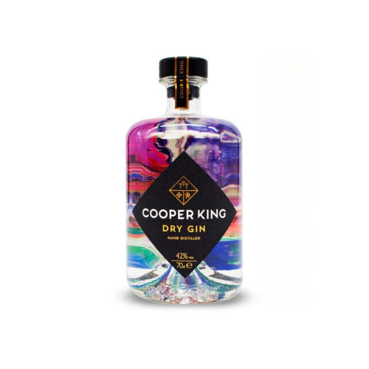Cooper King Dry Gin bottle with colorful label on a white background