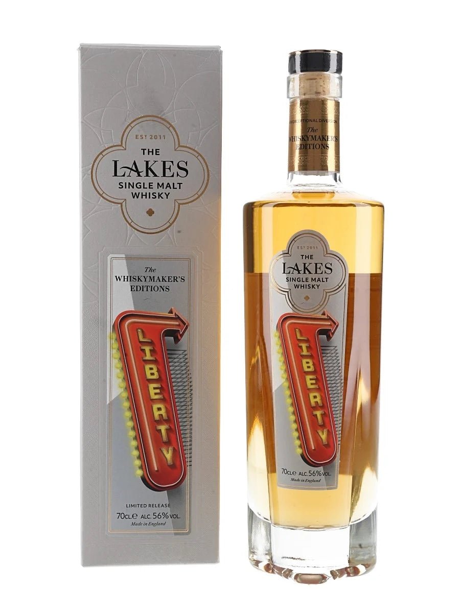 Bottle of The Lakes Single Malt Whisky with packaging on a white background