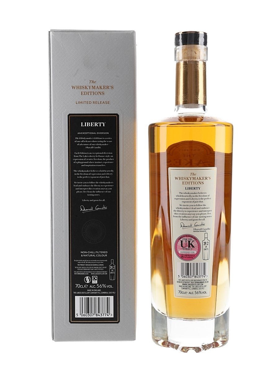 The Lakes Distillery Liberty Whisky bottle with box on a white background
