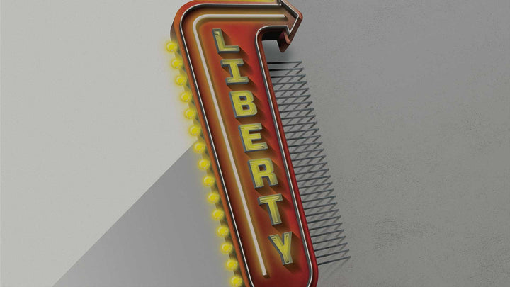 Vintage-style neon sign with 'Liberty' branding on a gray background