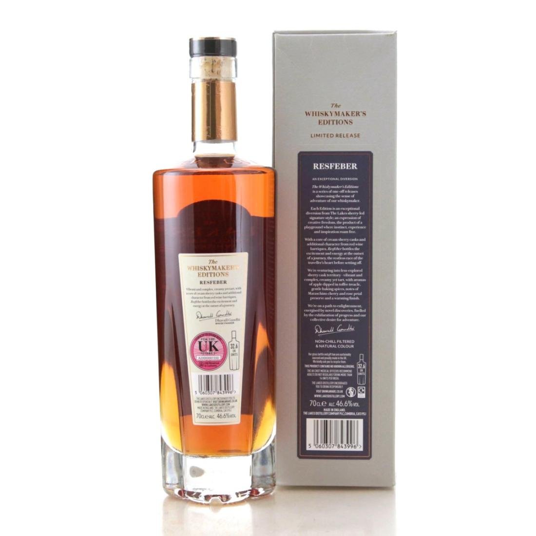 A rear view of The Lakes Distillery Resfeber, The Whiskymaker's Editions Sherry Cask English Whisky, 70cl - bottle and box