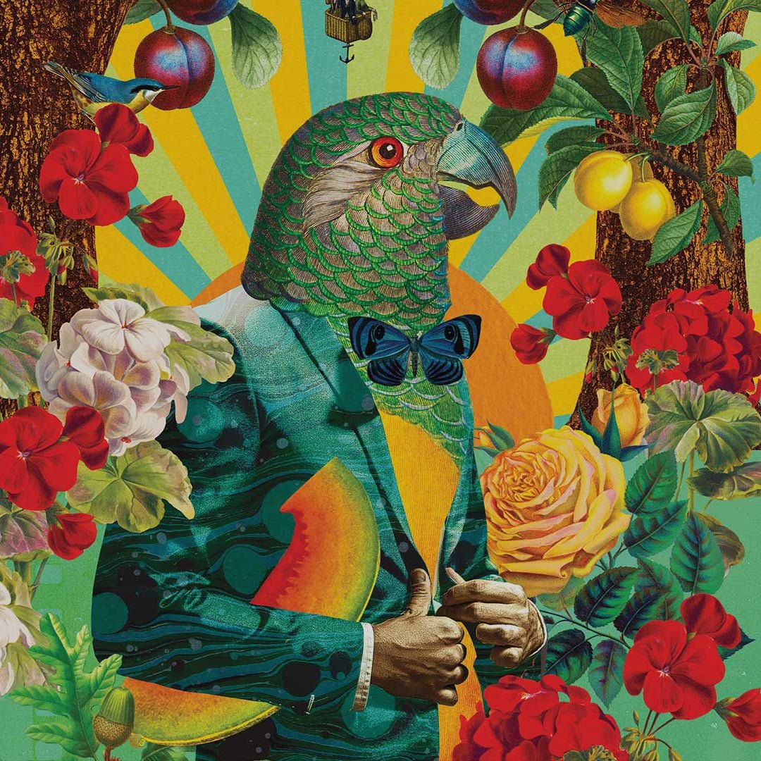 Colorful illustration of a parrot surrounded by flowers and fruits