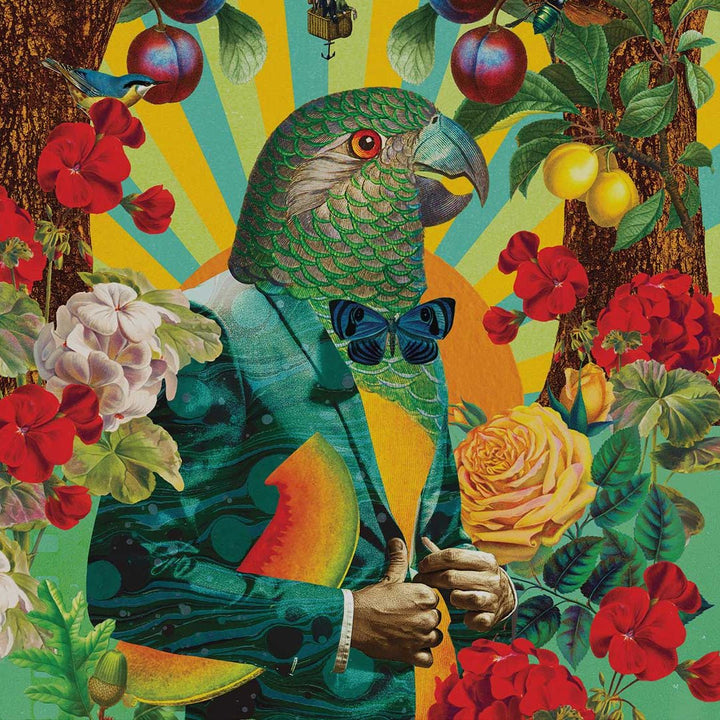 Colorful illustration of a parrot surrounded by flowers and fruits